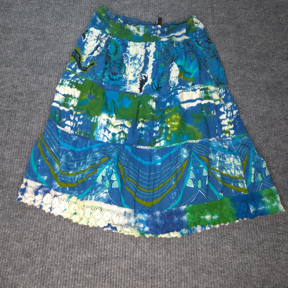 Chaudry KC Skirt Womens‎ Small Blue Green Tie Dye Boho Lace Tiered Midi